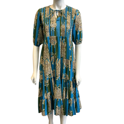 Roselle Women's Size XS Short Sleeved Midi Dress Blue & Green Striped with Tiger Print 