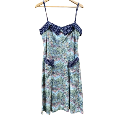 Leona Edmiston Navy/Botanical Contrast Patterned Dress Size 4  