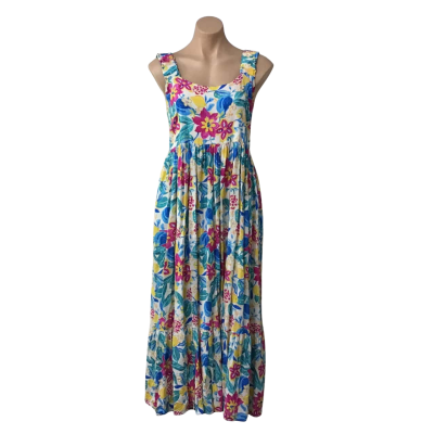 Proud Poppy Womens Size 10 White / Blue /  Pink  / Yellow Floral Sleeveless Midi Dress 