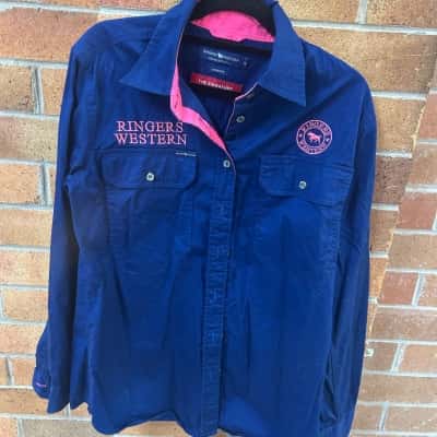  Womens  Ringers Western Size 10 Long Sleeve Shirt Blue / Pink  
