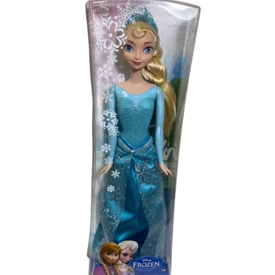 the Disney Frozen Sparkle Princess Elsa Doll by Mattel, featuring Elsa in her signature light-blue glitter gown