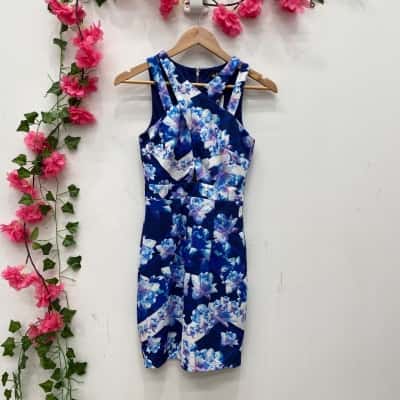 Dotti Womens Mini Dress Size 6 Blue / Floral / White 