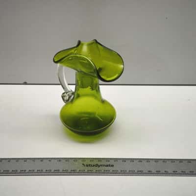 Vintage Green Hand Blown Art Glass Pitcher Jug Ruffled Rim Clear Handle