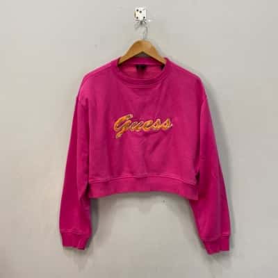 Guess Womens  Size L Cropped Fleeced Jumper Pink  Diamonte Logo