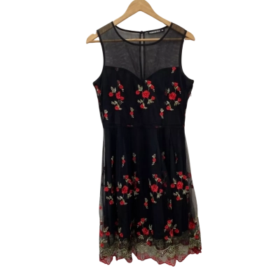 Dangerfield Womens  Size 10 Sleeveless Dress  Black  Embroidered Rose