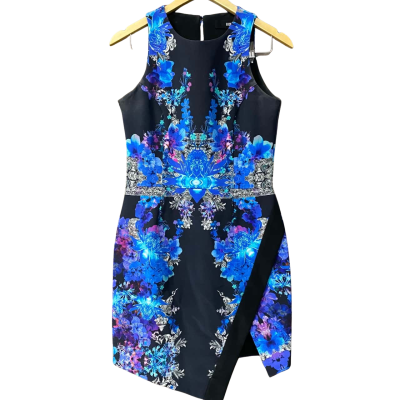 Nicholas Womens Size 10 Blue Floral Pattern Black Silk Dress 