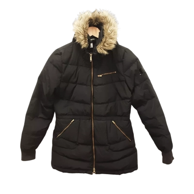 Adidas Womens  Size M Black  Neo Down Quilted Puffer Jacket with Contrasting Gold Tone Zipper and Cosy Faux Fur Trimmed Hood