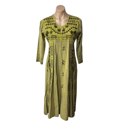 Womens approx Size S Khaki Green / Yellow / Brown / Embroidered Trim 3/4 Sleeve Midi Dress