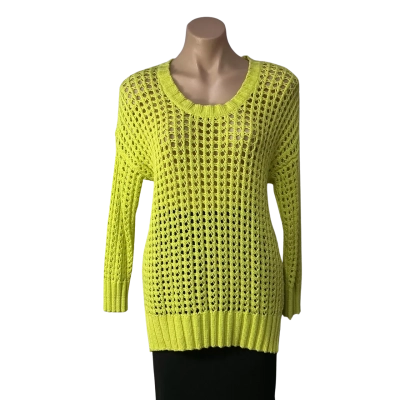 Sussan Womens Size S Neon Yellow Open Knit Pattern Crew Neck Jumper