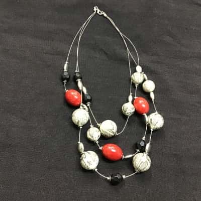  Womens Red, White & Black Beaded Stranded Necklace