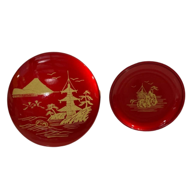 Vintage Original Red Gold Metal Box Holder with 6 Christmas Costers