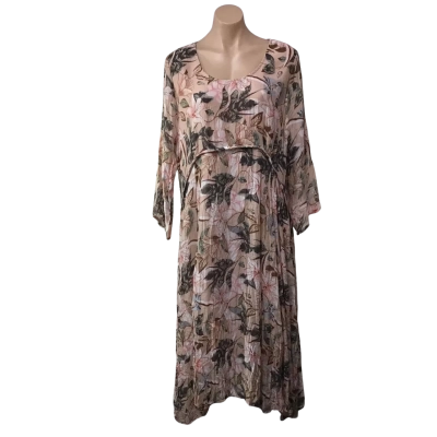 Willow Tree Womens Size 18 Beige / Pink / Green / Brown Floral Long Sleeve Midi Dress  