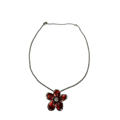 Red Floral Pendant Necklace on Silver-tone Chain