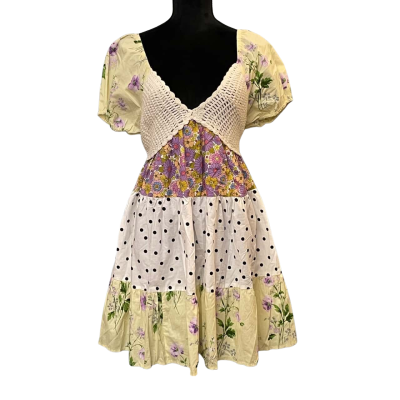Asos Design Womens Size 14 Babydoll/Short Sleeve Dress Floral/Multicoloured/Polka Dot/Yellow
