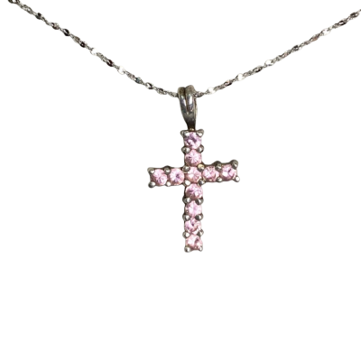 Cross Pendant Necklace Silver 925 with Pink Stone and 925 Silver Chain