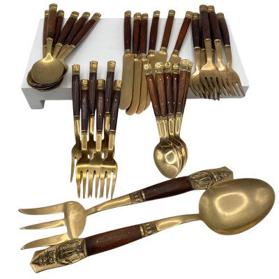 Setting For 6 Thailand Nickel Bronze Cutlery Set & Salad Servers 32 Pieces In Total  Wooden Handles       Brica 2