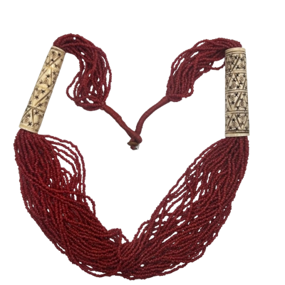Vintage Multi-Strand Red Coral Seed Glass Beads Carved Ornament 