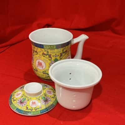 Vintage Chinese Mun Shou Yellow Porcelain 3-Piece Spa sipping set