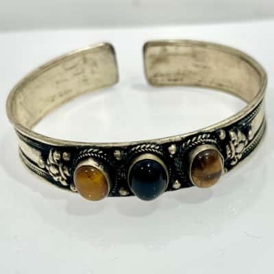 Boho Silver Amber Coloured Gemstone Cuff Bangle 