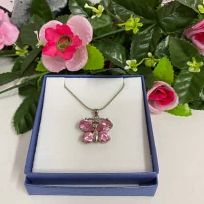 Sterling silver chain & 18KGP pink butterfly pendant New 