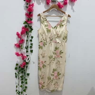 JJ's House Womens Sleeveless Midi Dress with Embroidered Floral Size XL Beige 