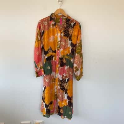 Zaket & Plover Orange Floral Long Sleeve Shirt Midi Dress Size M 