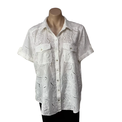 Just Jeans Womens Size 14 White Cut-out Embroidered Short Sleeve Shirt 