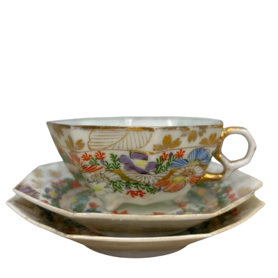 Handpainted Japanese Porcelain Teacup with Saucer and Cake Plate