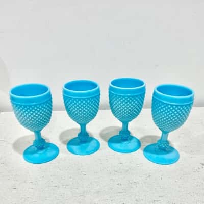 Mid Century Casa Pupo of London Turquoise Milk Glass Hobnail Goblets x 4