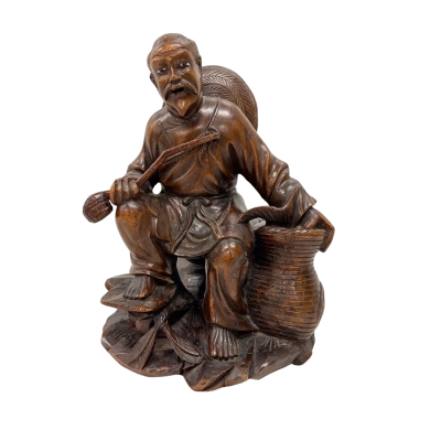 Wooden Hard Carved Seated Man with Basket