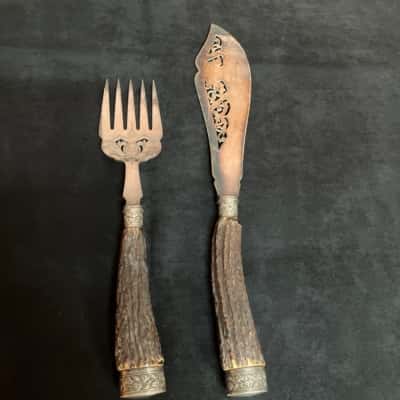 Antique Victorian Silver Plated Fish Serving Set with Antler Handles