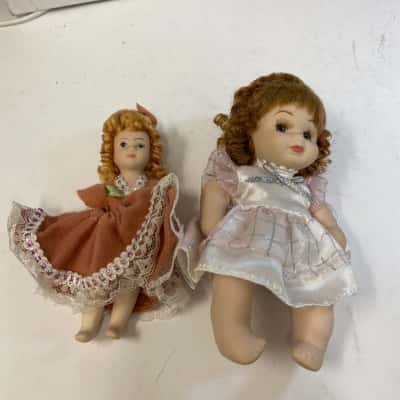 Lot of 2 Miniature Porcelain Bisque Dolls 3" 4" Dollhouse Size