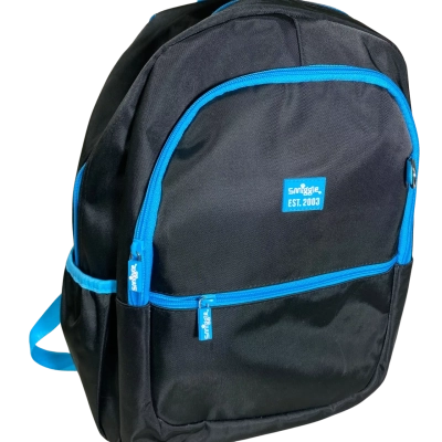 Smiggle Classic Backpack in black and blue with prominent bright blue zippers