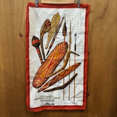 Pure Linen Brambuk Australian Aboriginal Weapons Tea Towel 
