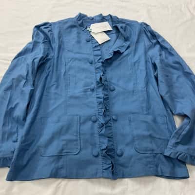 Blue Illusion Ruffle Trim Linen Jacket Parisian Blue 2XL