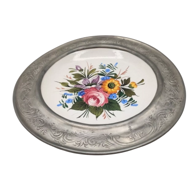 Vintage Engraved Pewter Framed Hand Painted Pottery Floral Wall Plate 25cm Diameter (brica cubes)