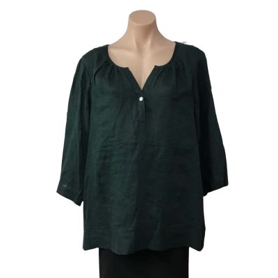 Sussan Womens Size M Bottle Green 100% Linen 3/4 Sleeve Top 
