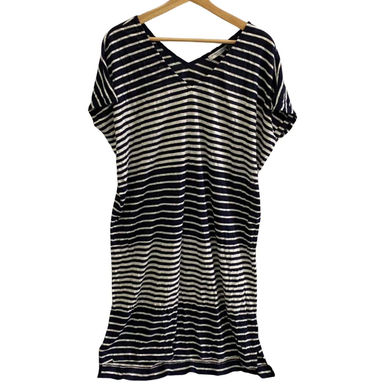 Sportscraft Womens Size 10 Midi Dress / Winged Sleeve Linen Dress Navy Blue / Pinstripe / White