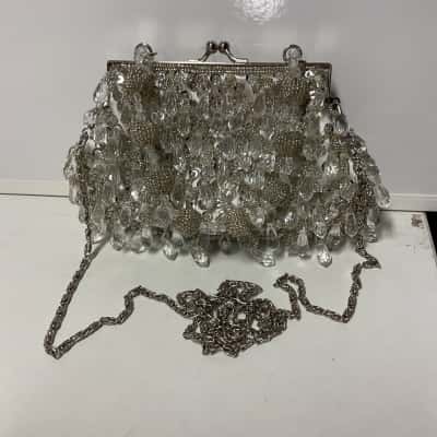  Womens Evening Bag Silver tones with beads 