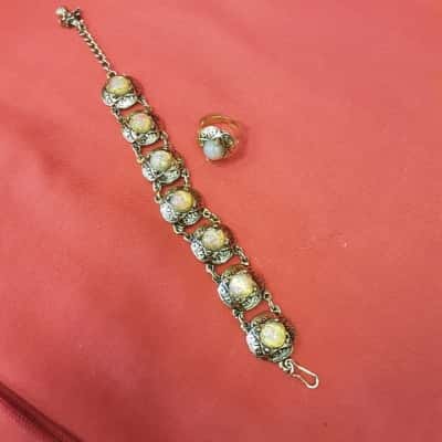 Ladies vintage bracelet and ring set featuring iridescent pavée glass fire Opal setting Gold Tone metal