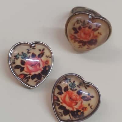 Vintage Flower Design Ring and Earring Set