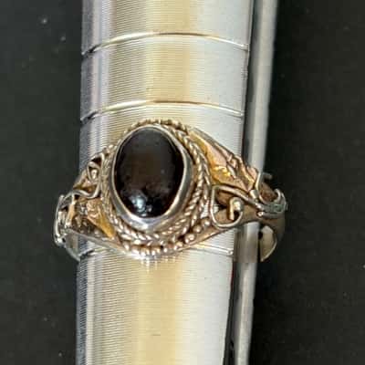 Vintage Artisan Silver & Garnet Filigree Ring - Size D-E (Petite/Midi/Pinkie)