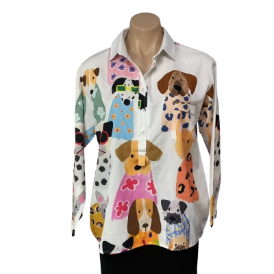 Womens Size S Novelty White / Multicoloured Dog Print 3/4 Sleeve Shirt