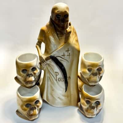 Vtg. Grim Reaper Skeleton Poison Sake Bottle & 6 Skull Cups