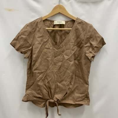 Jacqui-E Women's 100% Linen Size 10 Short Sleeve Top Brown 
