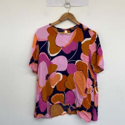 Mister Zimi Blue Pink Floral Short Sleeve Top  Size 12 