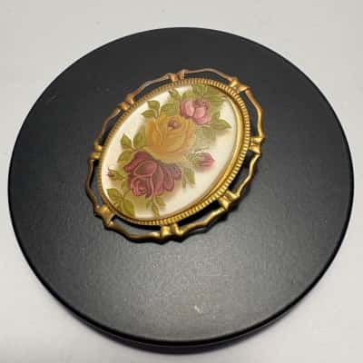 Gorgeous Vintage Style Oval Scarf Clip with rose enamel design set within a gold-tone filigree frame