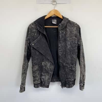 Golf Punk Washed Black Hooded Denim Jacket Size 8 