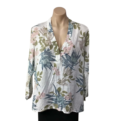 H&M Womens Size 16 White / Pink  / Teal  / Green Pattern V-neck Long Sleeve Top 
