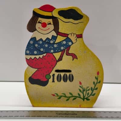 Vintage Wooden Clown Money Box Piggy Bank 1000 Sack Hand Painted